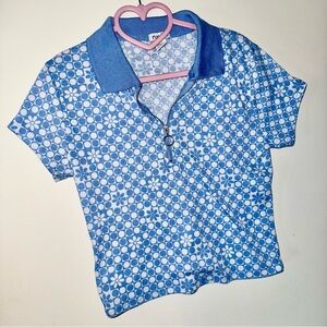 70s Crop top ripped floral blue and white cute retro vibe shirt ring zipper